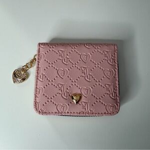 Juicy Couture Pink Heart Embossed Zip Wallet with Gold Heart Charm.